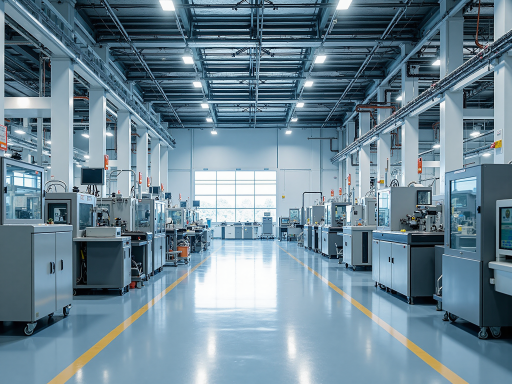 现代化智能装备制造车间内部，整齐排列的自动化生产线，工人正在操作精密设备，蓝色工业照明营造专业氛围