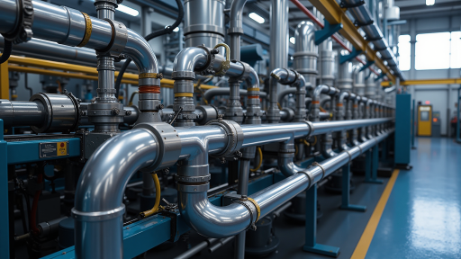 燃气管道和接头配件展示，不锈钢波纹管和PE管道整齐摆放，专业接头配件，工业制造场景
